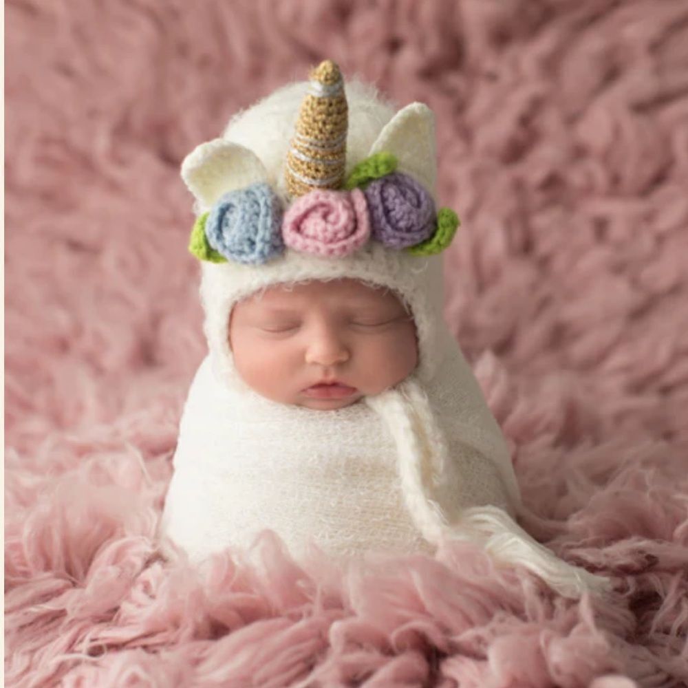 Daisy Baby Girls Infant Unicorn Beanie Hat White with Flowers 0-6 month NWT